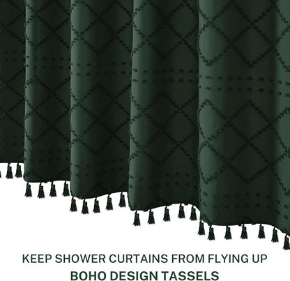 Siiluminisoy Extra Long Boho Shower Curtain with Tassels 72 x 90, Dark Green