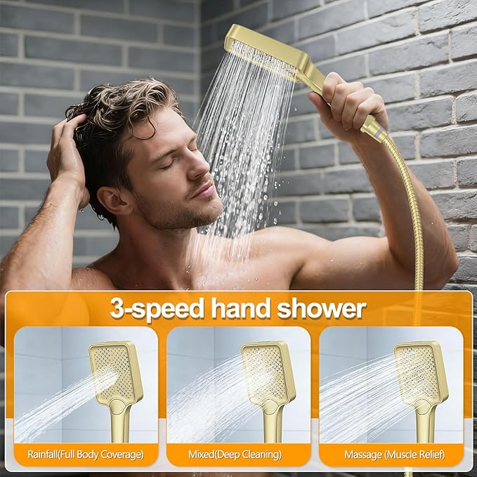 Shower System Modern Rain Brass Faucet Set With Valve and Diverter Shower Mixer With Handheld High Pressure Square Rainfall Shower Valve (12'' Wall Mount, Brushed Gold)