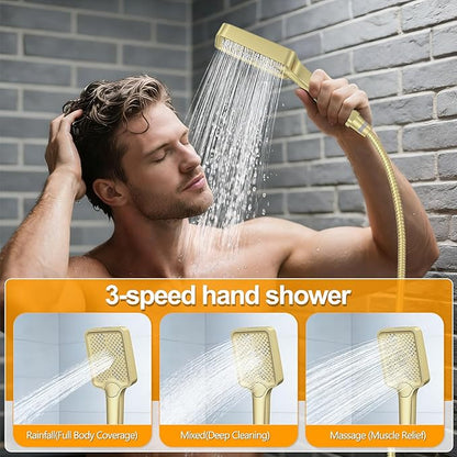 Shower System Modern Rain Brass Faucet Set With Valve and Diverter Shower Mixer With Handheld High Pressure Square Rainfall Shower Valve (12'' Wall Mount, Brushed Gold)