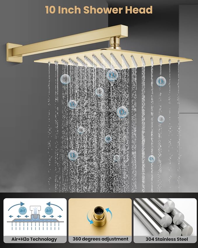 Airuida 10 Inch Brushed Gold Shower Faucet Set,Shower Valve Kit | Rainfall Shower Head and Handle Set,Female Thread Rough-in Valve Shower Kit,Single Function Shower System