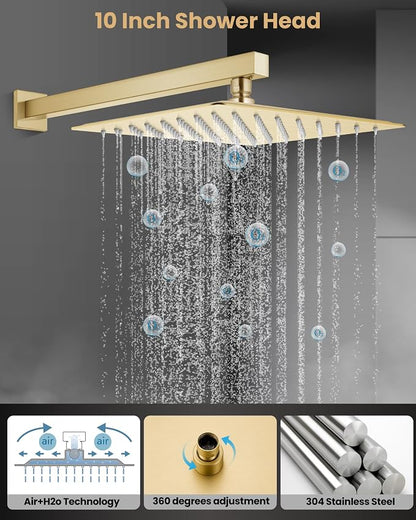 Airuida 10 Inch Brushed Gold Shower Faucet Set,Shower Valve Kit | Rainfall Shower Head and Handle Set,Female Thread Rough-in Valve Shower Kit,Single Function Shower System