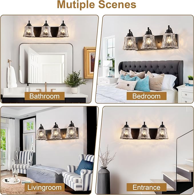 Bathroom Light Fixtures, 3 Lights Black Vanity Lights for Bathroom, Matte Black Antique Finish with Crystal Glass Shade, Farmhouse Lighting Fixtures Over Mirror for Bedroom, Living Room