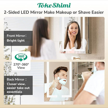 TokeShimi 40x32 Led Medicine Cabinet Mirror for Bathroom with Outlet, Medicine Cabinet with Lights 3 Colors Dimmable and Defogger, Surface or Recessed Mount Mirror with Storage Modern Bathroom
