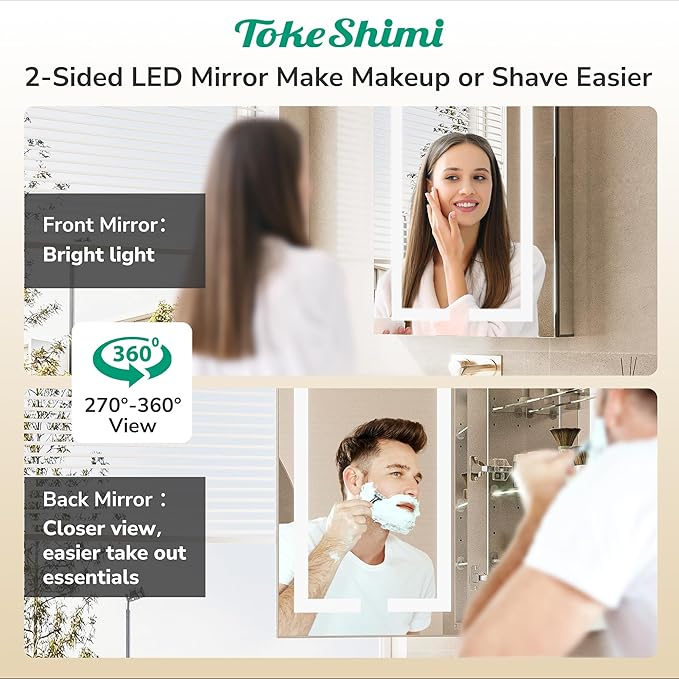 TokeShimi 20x26 Lighted Medicine Cabinet Mirrored Surface Mount 3 Color Dimmable, Anti-Fog Recessed Medicine Cabinet Mirror with Light and Outlet, 2-Side Led Bathroom Mirror with Storage