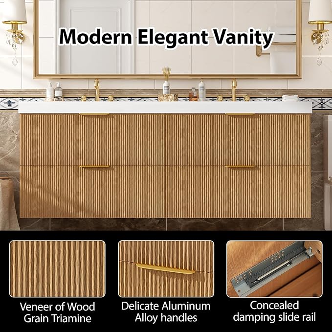 60 in Floating Bathroom Vanity with Double Sink Bathroom Vanity with Soft-Closing,Modern Fluted Bathroom Sink Cabinet,Wall-Mounted (Wood w/4 Drawers,59.3 Inch)