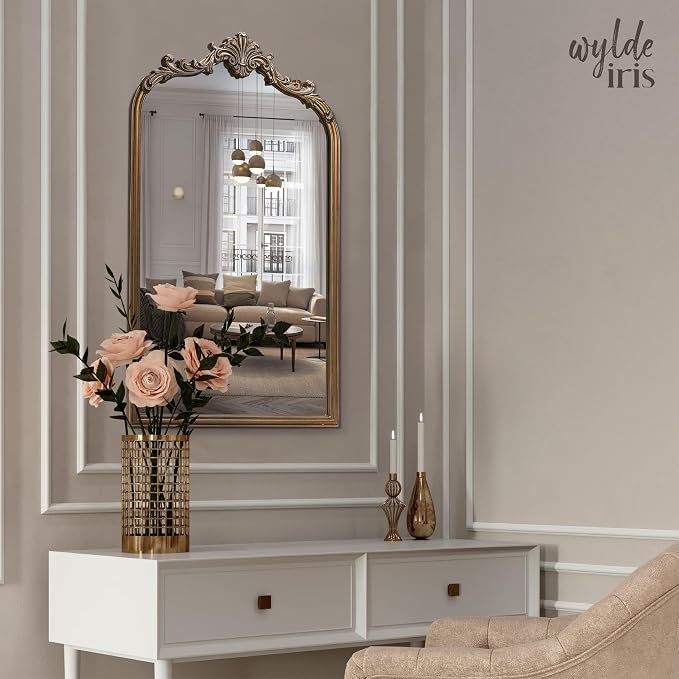 English Estate Carved Arch Wood Wall Mirror, Mirror for Entryway, Living Room, Bathroom, Antique Gold, 20.4x33