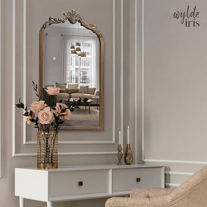 English Estate Carved Arch Wood Wall Mirror, Mirror for Entryway, Living Room, Bathroom, Antique Gold, 20.4x33