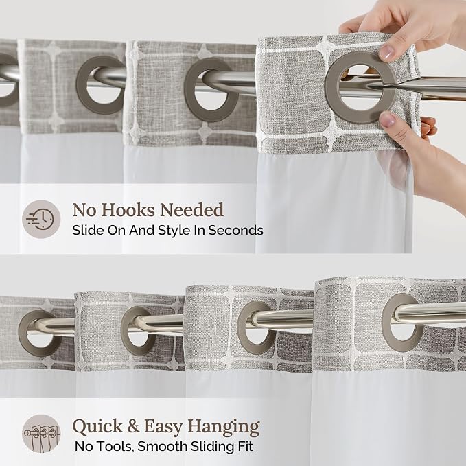 RiverDream Farmhouse No Hooks Shower Curtain with Snap-in Liner,Khaki,71x74 | Snap on Fabric Liner,Heavy Duty,Quick Dry,Mesh Top Window,With Bottom Magnets,Washable,with Tassels,Standard Size