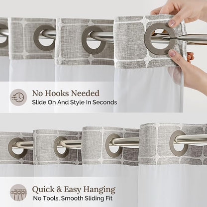 RiverDream Farmhouse No Hooks Shower Curtain with Snap-in Liner,Khaki,71x74 | Snap on Fabric Liner,Heavy Duty,Quick Dry,Mesh Top Window,With Bottom Magnets,Washable,with Tassels,Standard Size
