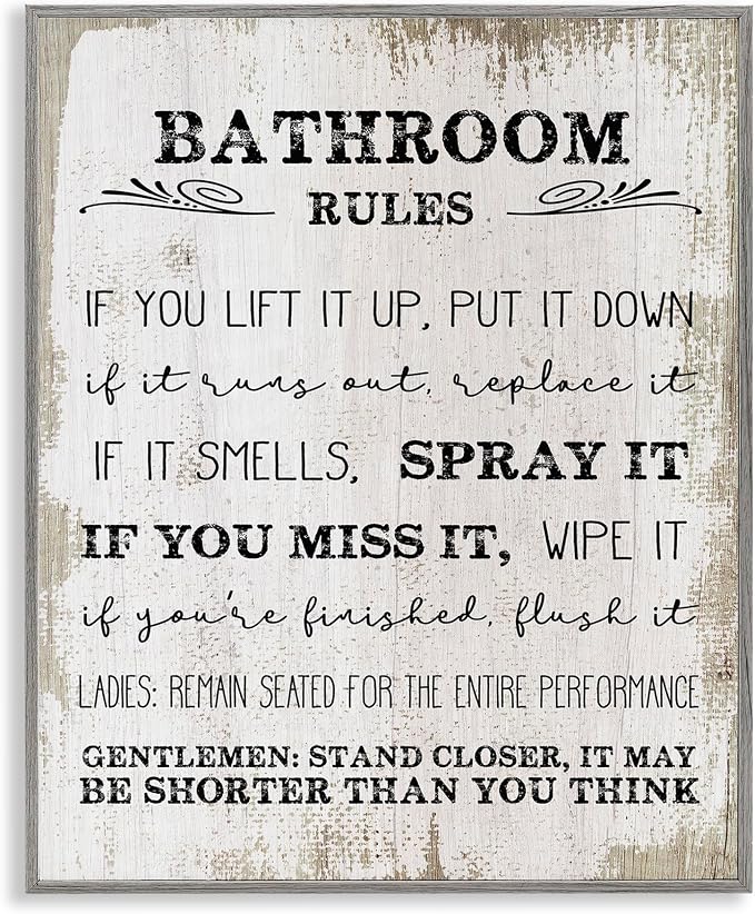 Rustic Bathroom Rules Humor, 11 x 14 Inch Framed Giclée Print