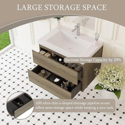 30 Inch Floating Bathroom Vanity with Sink, Large Storage Wall Mounted Floating Vanity with Soft Close Drawers, One-Piece Basin Bathroom Sink Cabinet (Ash Grey, 30 Inch)