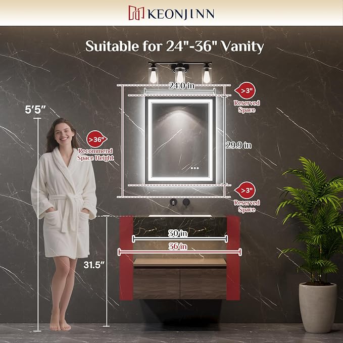 Keonjinn 24" x 30" LED Bathroom Mirror with Lights, Frontlit & Backlit | Bluetooth Speaker, Bluetooth Mirror Bathroom, Dimmable 3-Color Lights, Tempered Glass, Anti-Fog, CRI90+, Plug-in/Hardwired
