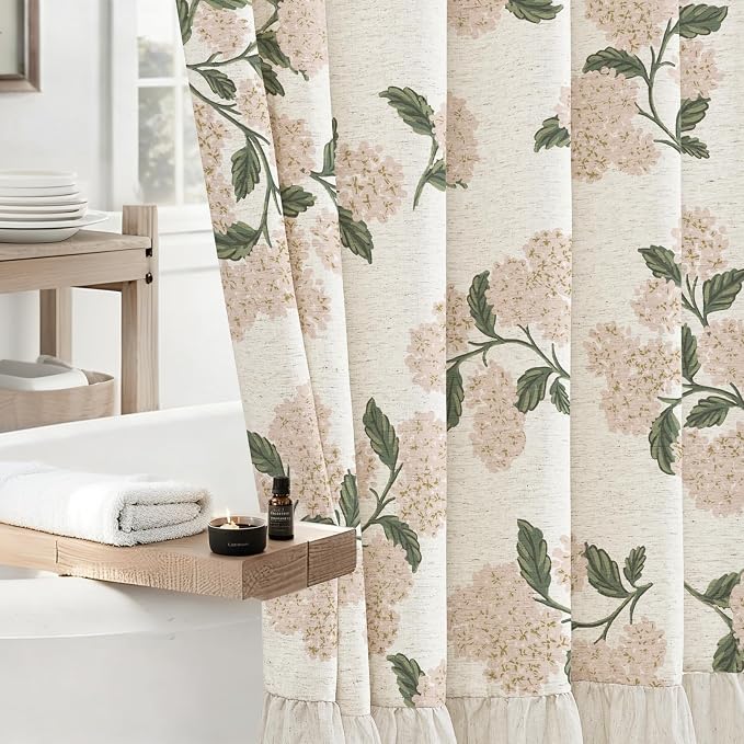 ORTIGIA Linen Textured Ruffle Shower Curtain with Metal Hooks, Vintage Light Pink Hydrangea Floral Boho Waterproof Bath Curtain for Rustic Farmhouse Bathroom Decor 72x72 Inch