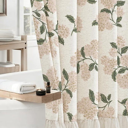 ORTIGIA Linen Textured Ruffle Shower Curtain with Metal Hooks, Vintage Light Pink Hydrangea Floral Boho Waterproof Bath Curtain for Rustic Farmhouse Bathroom Decor 72x72 Inch