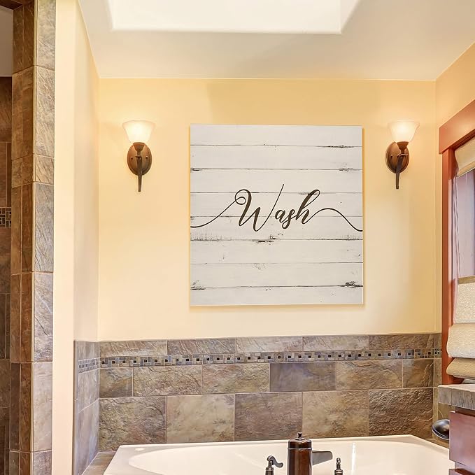 Renditions Gallery Rustic Wash Sign Bathroom Décor Gallery Wrapped Canvas Wall Art, 12x12,