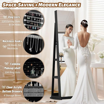 Jewelry Armoire with Full Length Mirror - 360° Swivel Standing Floor Mirror Jewelry Cabinet, Lockable Storage Organizer, 3 Shelves & Drawers,Tall Mirror with Storage for Women (Black)