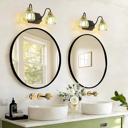 2-Light Bathroom Vanity Light, Black Vanity Light, Vintage Black Finish Wall Mount Sconces with Tulip Glass Shade, Mid Century Hardwired Wall Sconces for Bedroom, Living Room, Hallway
