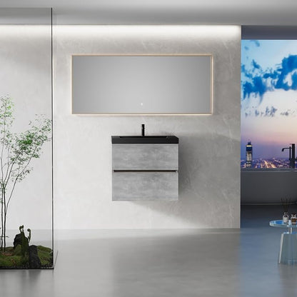 24" Floating Bathroom Vanity with Sink, Modern Wall-Mounted Bathroom Storage Vanity Cabinet with Two Black Quartz Sand Top Basins and Four Soft Close Drawers, Cement Grey