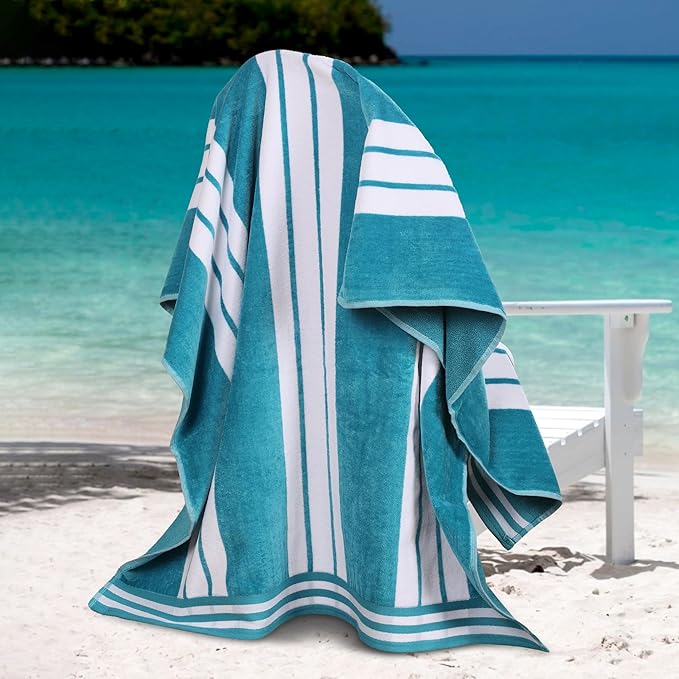 Superior Cotton Cabana Striped Beach Towels, Colorful Towels for Adult, Kid, Pool, Swimming, Sand, Travel, Large Oversized, Absorbent, Fast Drying, Bath Basics, Cabana Collection, 1 Piece, Turquoise