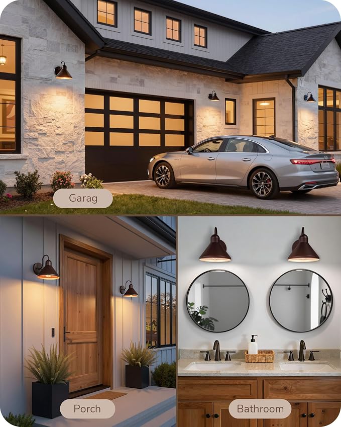 EDISHINE 2 Pack 8" Gooseneck Barn Outdoor Wall Light, Farmhouse Porch Light | Hardwired, E26 Socket, Brown Wall Mount Lantern for Porch, Entryway, Garage, Garden, Patio
