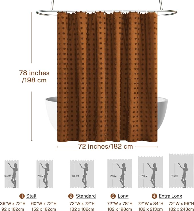Extra Long Boho Farmhouse Shower Curtain Woven Fabric Pumpkin Orange Shower Curtain, 72 x 78 Tufted Pleat Floral Puffs Textured Modern Farmhouse Minimalist Shower Curtain Set with Hooks for Bathroom