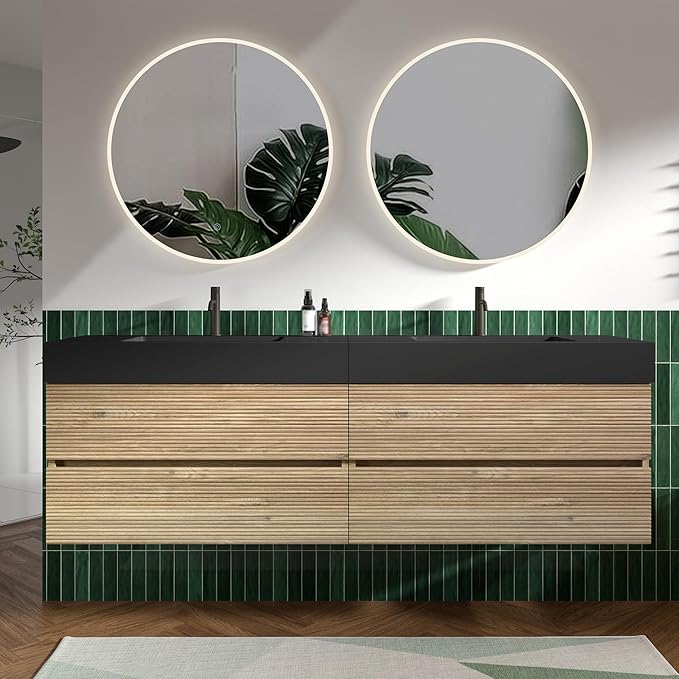 72" Floating Bathroom Vanity with Sink Combo, Modern Floating Double Sink Bathroom Vanity with Black Engineered Stone Tops & 4 Soft-Closing Drawers, Large Storage for Apartment, Hotel, Rough Oak