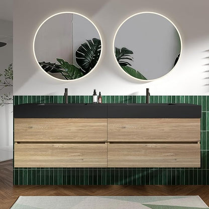 72" Floating Bathroom Vanity with Sink Combo, Modern Floating Double Sink Bathroom Vanity with Black Engineered Stone Tops & 4 Soft-Closing Drawers, Large Storage for Apartment, Hotel, Rough Oak