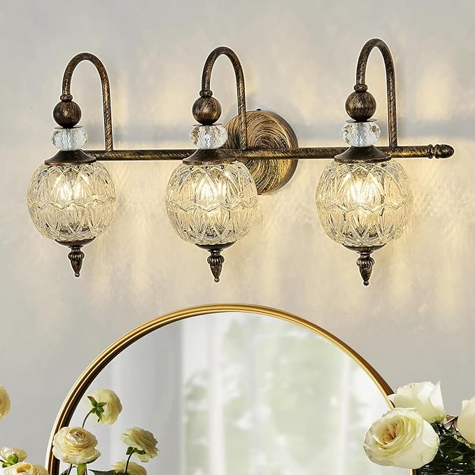 Vintage Bathroom Light Fixtures Bronze Vanity Light with Glass Globe LampShade 3 Lights Mid Century G9 Bulb Wall Sconce Indoor Vanity Light Over Mirror for Bedroom Farmhouse Hallway