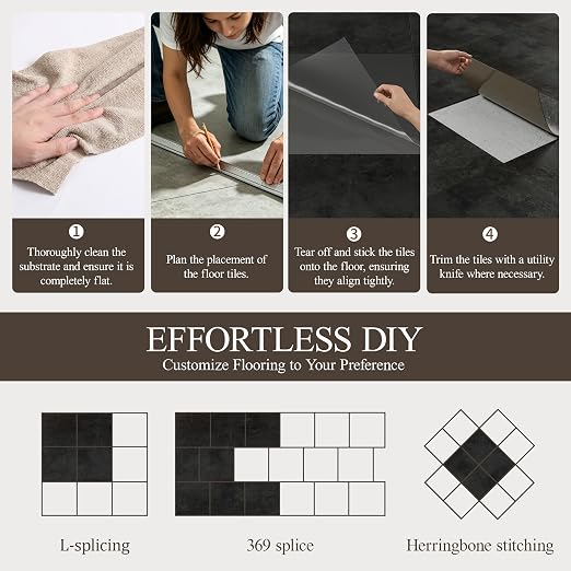 DEXDE Peel and Stick Floor Tile Black Waterproof Vinyl, 2FTx2FT 10 PC | Waterproof Self-adhesive Vinyl Tiles, 40 Sq.Ft (10 Large 24"x24" PC), Vinyl Flooring for Bathroom Kitchen DIY Upgrades