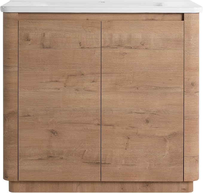 36-Inch Bathroom Vanity with Sink Mid-Century Bathroom Vanities with Top Basin Floor Wood Bathroom Sink Cabinet with Soft-Close Doors & Adjustable Storage Shelves (Brown)