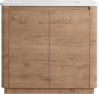 36-Inch Bathroom Vanity with Sink Mid-Century Bathroom Vanities with Top Basin Floor Wood Bathroom Sink Cabinet with Soft-Close Doors & Adjustable Storage Shelves (Brown)