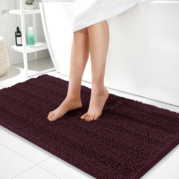 OLANLY Thick Bathroom Runner Rugs 44x24, Chenille Bath Rugs, Black Cherry | Absorbent Striped, Rubber Backing, Machine Wash, Long Bath Mats for Bathroom Floor, Tub and Shower, Home Decor Accessories
