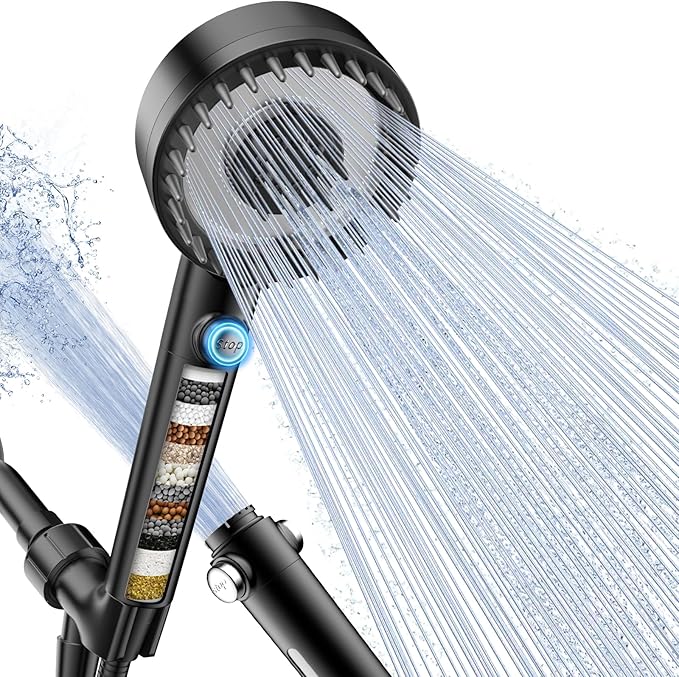 Filtered Shower Head with Handheld, High Pressure Showerhead with Filters | 4 Spray, ON/OFF Button for Pets, Detachable Shower Heads with Water Softener Filter Beads for Hard Water- Remove Chlorine