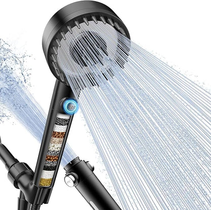 Filtered Shower Head with Handheld, High Pressure Showerhead with Filters | 4 Spray, ON/OFF Button for Pets, Detachable Shower Heads with Water Softener Filter Beads for Hard Water- Remove Chlorine