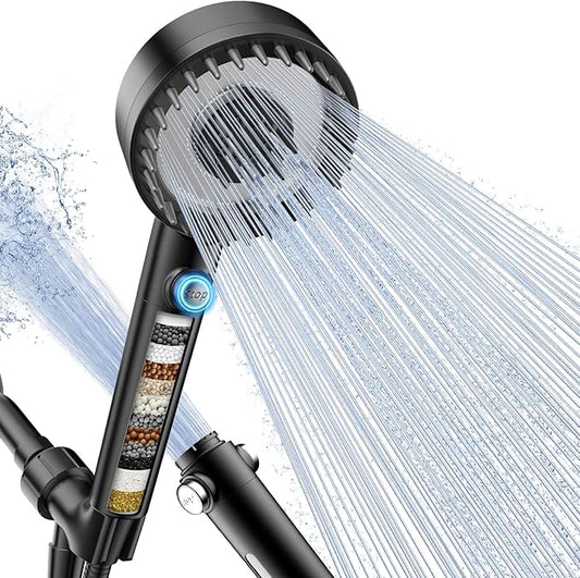 Filtered Shower Head with Handheld, High Pressure Showerhead with Filters | 4 Spray, ON/OFF Button for Pets, Detachable Shower Heads with Water Softener Filter Beads for Hard Water- Remove Chlorine