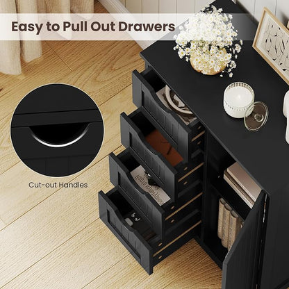 Giantex Bathroom Storage Cabinet with Drawers - 4 Drawer Storage Organizer w/Cupboard, Adjustable Shelf, Anti-Toppling Device, Entryway Storage Unit Console Table, Bathroom Floor Cabinet (Black)