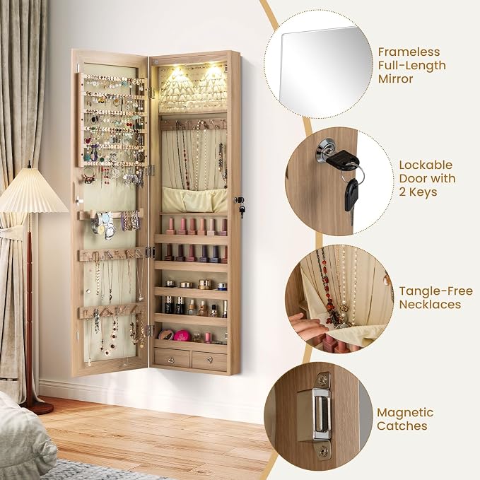 Giantex Wall or Door Mounted Jewelry Armoire with 47.5" Full Length Mirror, Lockable Cabinet with 2 LED Lights, 2 Drawers, Over the Door Large Jewelry Storage Organizer (Light Oak)