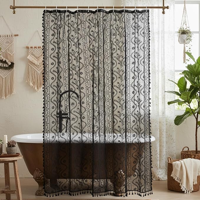 WAZZIO Black Lace Shower Curtain - Vintage Pretty Floral Sheer Shower Curtains Goth, Decorative Tassel Bath Curtains for Bathroom, 72 x 84 Inch, 1 Panel
