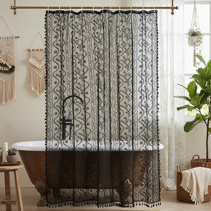 WAZZIO Black Lace Shower Curtain - Vintage Pretty Floral Sheer Shower Curtains Goth, Decorative Tassel Bath Curtains for Bathroom, 72 x 84 Inch, 1 Panel