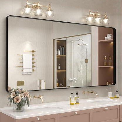 66x40 Inch Black Metal Framed Bathrrom Mirror for Wall, Large Black Matte Rounded Rectangle Bathroom Vanity Mirror, Anti-Rust, Shatterproof, Hangs Horizontally or Vertically
