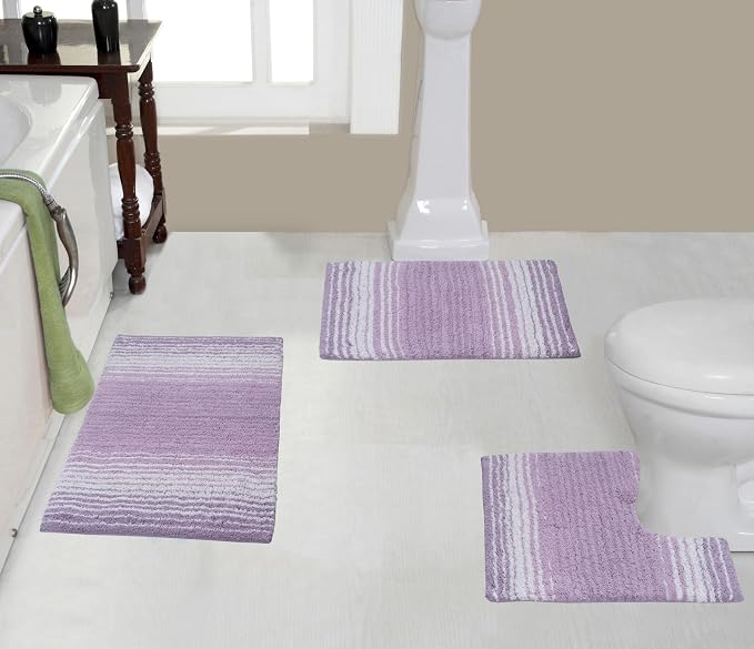 Home Weavers 100% Cotton Gradiation Collection Bathroom Décor | Washable Rug | Bathroom Mat | Kitchen Mat | Bathroom Rug Set | Bath Mat Set | Bath Floor Mat Non Slip, 3 Piece Set with Contour, Purple