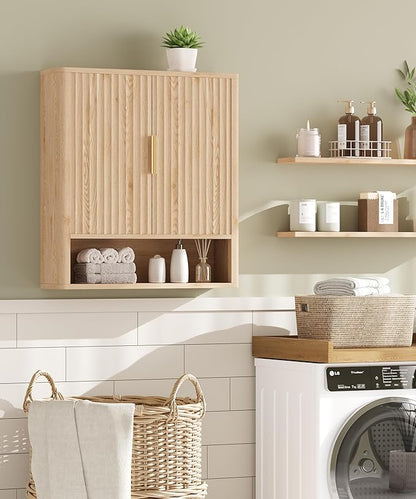 27.6" H Natural Bathroom Wall Cabinet with 2 Fluted Doors, Modern Medicine Cabinet with Adjustable Shelf, Curved Profile Wall Mounted Bathroom Cabinet for Kitchen, Living Room, Oak