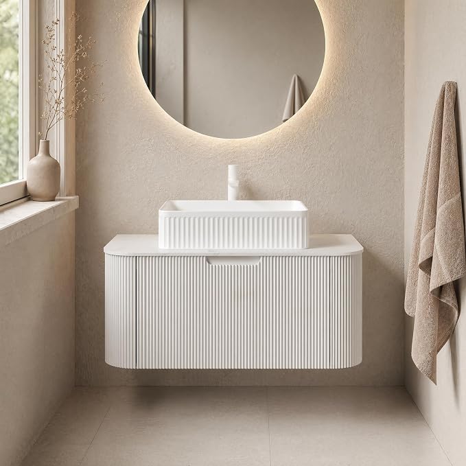 36 Inch Bathroom Vanity with Sink, Floating Wall Mounted Single Sink Vanity, White Curved Fluted Front, Stone Top, White Textured Rectangular Vessel Basin, Pre-Assembled