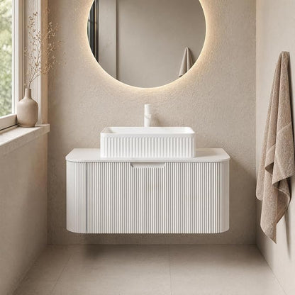36 Inch Bathroom Vanity with Sink, Floating Wall Mounted Single Sink Vanity, White Curved Fluted Front, Stone Top, White Textured Rectangular Vessel Basin, Pre-Assembled