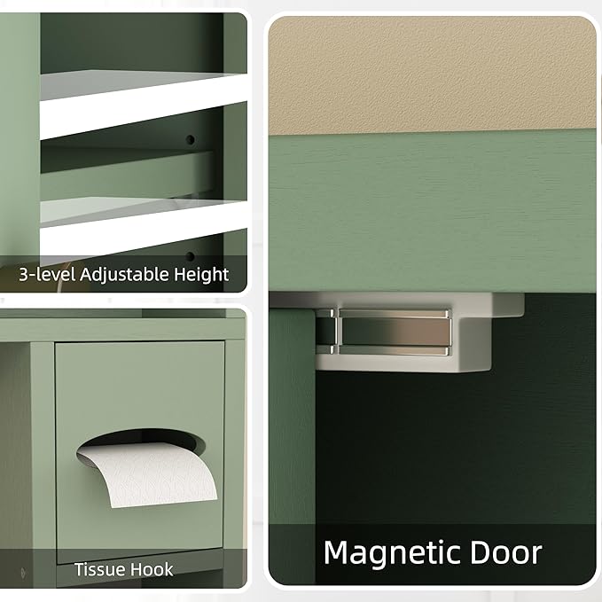 Shintenchi Over the Toilet Storage Cabinet, Bathroom Storage Cabient with Barn Doors, Bathroom Storage Shelf Organizer with Toilet Paper Holder, Adjustable Shelf and Anti-Tip Device, Green