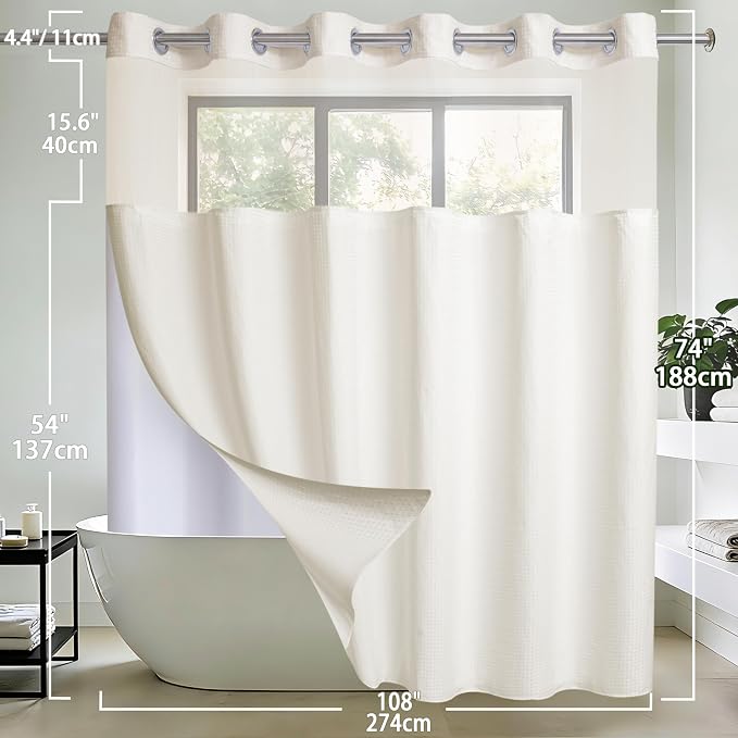 Extra Wide No Hook Waffle Weave Shower Curtain with Snap in Liner Set, 108" x 74" Hotel Luxury Beige Shower Curtains for Bathroom with See Through Top Window, Waterproof, Washable 108W x 74H