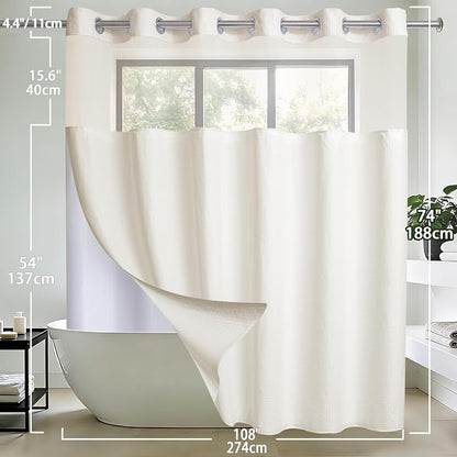 Extra Wide No Hook Waffle Weave Shower Curtain with Snap in Liner Set, 108" x 74" Hotel Luxury Beige Shower Curtains for Bathroom with See Through Top Window, Waterproof, Washable 108W x 74H