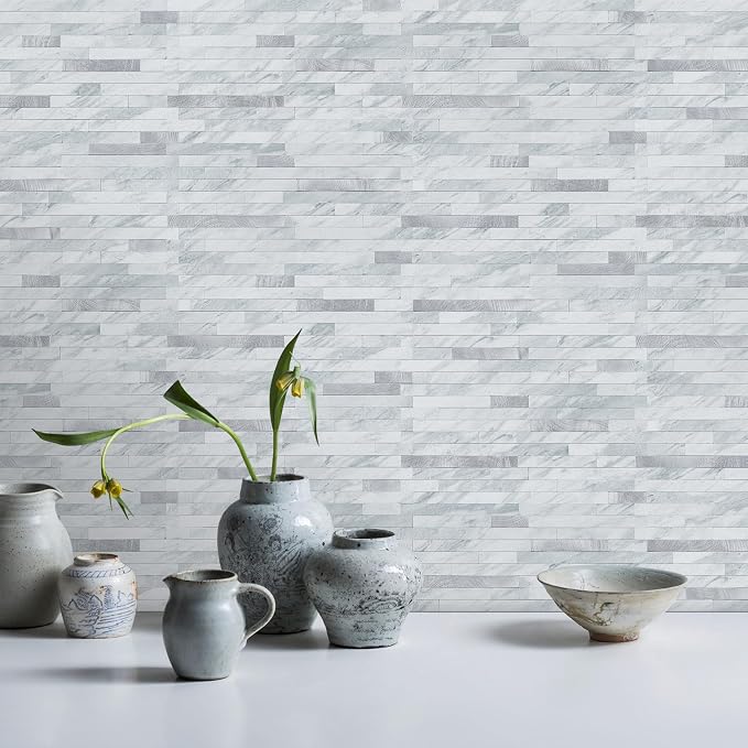 STICKGOO Peel and Stick Backsplash Tile, Volakas White with Silver Metal | 20 Sheets, self-adhesive PVC mixed metal backsplash tiles for kitchen and bathroom. Waterproof & easy to clean.