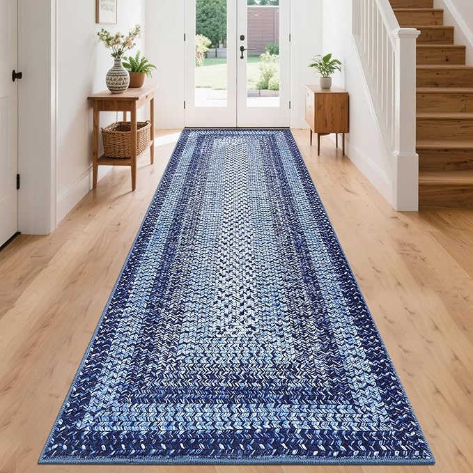 Washable Runner Rug 2x8 Bathroom Rugs Blue Modern Printed Braided Bedroom Rug Non Slip Geometric Area Rug Kitchen Rugs Stain Resistant Carpet for Laundry 2'x8' Navy Blue