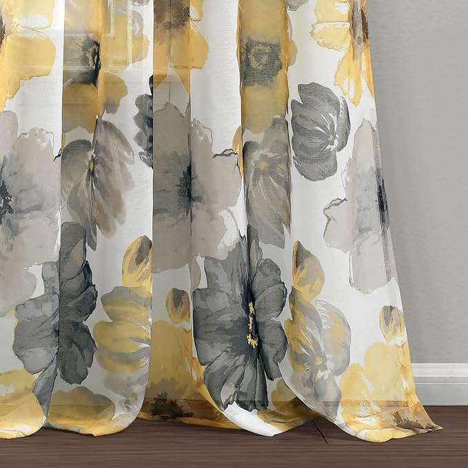 Lush Decor Leah Floral Sheer Window Curtain Panels Pair 52"W x 84"L Yellow & Gray - Floral Curtains for Bedroom - Sheer Curtains for Living Room